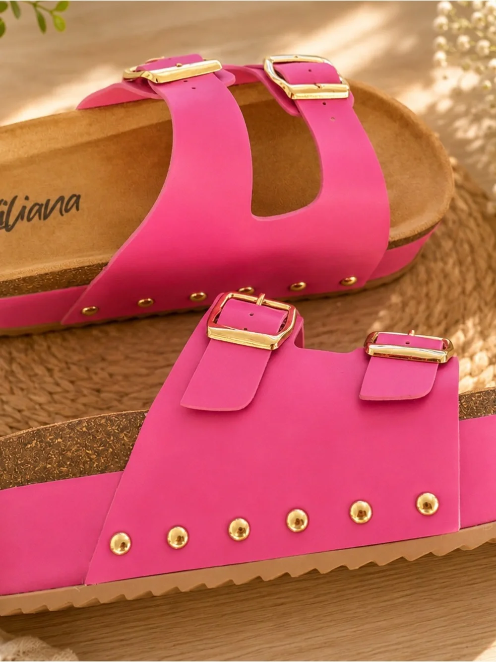 Liliana Hot Pink Double-Buckle Slide Sandals with Gold Buckles